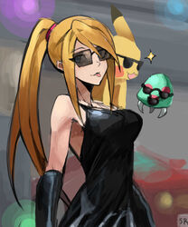  bare_shoulders blonde_hair blue_eyes commentary elbow_gloves english_commentary female glasses gloves highres long_hair looking_at_viewer metroid metroid_(creature) pikachu pokemon pokemon_(creature) ponytail saiykik samus_aran sunglasses super_smash_bros. tongue tongue_out 