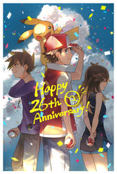  2boys anniversary baseball_cap black_shirt blue_oak blue_shorts border brown_hair closed_eyes closed_mouth commentary confetti eyelashes female green_(pokemon) hand_on_headwear hat highres holding holding_poke_ball jacket long_hair long_sleeves multiple_boys nrmya pants pikachu poke_ball poke_ball_(basic) pokemon pokemon_(creature) pokemon_lgpe purple_shirt red_(pokemon) red_headwear shirt short_hair short_sleeves shorts sleeveless sleeveless_shirt smile spiked_hair white_border 