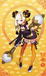  bare_shoulders black_dress black_footwear black_hair black_sleeves blue_eyes bun_cover chinese_border cloud_background commentary_request copyright_request detached_sleeves double_bun dress female flower-shaped_pupils gradient_hair hair_bun highres holding hood hood_down leaning_forward long_sleeves multicolored_hair official_art open_mouth orange_background orange_hair orange_theme orange_thighhighs platform_footwear puffy_long_sleeves puffy_sleeves shoes sleeveless sleeveless_dress sleeves_past_wrists solo standing streaked_hair symbol-shaped_pupils tachi-e teeth thighhighs upper_teeth_only white_hair yellow_background yellow_theme yuu_(higashi_no_penguin) 