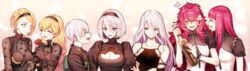  1boy 2b_(nier:automata) 6+girls 9s_(nier:automata) :d a2_(nier:automata) blonde_hair blush bottle bracelet breasts cleavage cleavage_cutout clothing_cutout commentary_request devola flower hair_between_eyes hair_flower hair_ornament headband highres jewelry korean_commentary long_hair medium_breasts mole mole_under_mouth multiple_girls nier:automata nier_(series) ninto open_mouth operator_21o operator_6o popola red_hair rose sake_bottle siblings sisters smile twins 