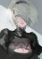  2b_(nier:automata) arms_at_sides black_dress black_hairband blue_eyes bob_cut breasts chkuyomi cleavage cleavage_cutout clothing_cutout commentary_request dress eyelashes female hair_between_eyes hair_over_one_eye hairband juliet_sleeves korean_commentary large_breasts lips long_sleeves looking_at_viewer medium_breasts mole mole_under_mouth nier:automata nier_(series) no_blindfold nose parted_lips pink_lips puffy_sleeves short_hair signature solo turtleneck upper_body white_hair 