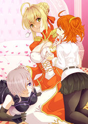  &gt;:) 3girls ahoge armor armored_dress belt black_gloves black_pantyhose blonde_hair blush breasts chaldea_uniform cleavage closed_eyes commentary_request dress elbow_gloves epaulettes fate/extra fate/grand_order fate_(series) fujimaru_ritsuka_(female) gloves grabbing grabbing_another&#039;s_breast green_eyes hair_over_one_eye hairband hand_on_another&#039;s_chin headpat kneeling large_breasts long_sleeves lying mash_kyrielight multiple_girls nero_claudius_(fate) nero_claudius_(fate/extra) on_stomach open_mouth orange_hair pantyhose pleated_skirt purple_eyes purple_hair red_dress rurukichi shirt short_hair sitting skirt smile sweat v-shaped_eyebrows white_shirt yuri 