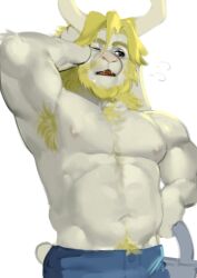  2024 2_horns absurd_res anthro areola armpit_hair asgore_dreemurr beard biceps blonde_beard blonde_facial_hair blonde_hair blonde_pubes blue_bottomwear blue_clothing blue_jeans blue_pants bodily_fluids body_hair boss_monster_(undertale) bottomwear bovid breath caprine chest_hair clothed clothing denim denim_bottomwear denim_clothing facial_hair fangs floppy_ears front_view fur grey_eyes hair hi_res horn jeans kogito long_hair male male_anthro mammal muscular muscular_anthro muscular_male navel nipples one_eye_closed open_mouth pants pecs pink_nose pink_tongue pubes raised_arm short_tail simple_background snout solo standing sweat sweaty_face tail teeth tongue topless topless_anthro topless_male undertale_(series) watering_can white_areola white_background white_body white_ears white_fur white_horn white_nipples white_tail 