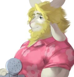  2024 2_horns absurd_res aloha_shirt anthro asgore_dreemurr beard blonde_beard blonde_eyebrows blonde_facial_hair blonde_hair body_hair boss_monster_(undertale) bovid caprine chest_hair clothing eyebrows eyelashes facial_hair floppy_ears fur grey_eyes hair half-closed_eyes hi_res horn kogito looking_down male male_anthro mammal mouth_closed muscular muscular_anthro muscular_male narrowed_eyes pattern_clothing pattern_shirt pattern_topwear pink_clothing pink_nose pink_shirt pink_topwear shirt short_hair side_view simple_background snout solo topwear undertale_(series) watering_can white_background white_body white_ears white_fur white_horn 