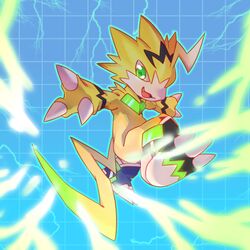  :d blue_background claws commentary_request digimon digimon_(creature) full_body green_eyes highres lightning no_humans oerba_yun_fang open_mouth outstretched_arms pulsemon shouyuan smile solo tail yellow_fur 