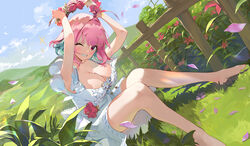  ahoge alternate_costume arms_up bare_legs barefoot blue_sky blush breasts bsue commentary day dress female flower flower_wreath grass grin hibiscus highres holding idolmaster idolmaster_cinderella_girls idolmaster_cinderella_girls_starlight_stage large_breasts looking_at_viewer multicolored_hair one_eye_closed outdoors petals pink_hair plant raised_eyebrows short_hair sitting sky sleeveless sleeveless_dress smile solo square_neckline two-tone_hair white_dress yumemi_riamu 