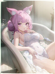  :o alternate_hairstyle animal_ear_fluff animal_ears bath bathing bathtub blunt_bangs border breasts bubble_bath chromatic_aberration claw_foot_bathtub collarbone commentary_request covered_navel covering_privates door dutch_angle edgar_syu faucet female finger_to_mouth fingernails flower from_above groin guild_cq hair_bun hair_up hand_on_own_hip highres indoors knee_up large_breasts light_blush looking_at_viewer lying medium_bangs medium_hair nail_polish naked_towel nude_cover on_back parted_lips partially_submerged pink_eyes pink_hair pink_nails plant plumeria potted_plant quon_tama raised_eyebrows sideboob slipper_bathtub solo table thighs tile_floor tiles towel virtual_youtuber water wet white_border white_flower white_towel 