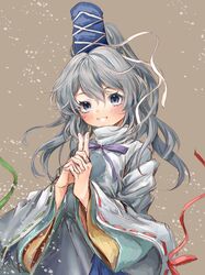  80isiiii blue_hat brown_background commentary female grey_eyes grey_hair grin hat highres long_hair long_sleeves looking_at_viewer mononobe_no_futo own_hands_clasped own_hands_together pom_pom_(clothes) ponytail ribbon-trimmed_sleeves ribbon_trim simple_background smile solo tate_eboshi touhou upper_body wide_sleeves 