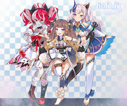  3girls adapted_costume ahoge alternate_costume anya_melfissa arm_behind_back asymmetrical_footwear bandaged_leg bandages barefoot black_bun black_gloves blonde_hair blush braid braided_bangs breasts bright_pupils brown_hair cleavage cleavage_cutout clenched_hand clenched_hands clothing_cutout copyright_name curtsey double_bun english_commentary feather_hair_ornament feathers gloves gradient_hair green_eyes grey_hair hair_bun hair_ornament heterochromia highres holding hololive hololive_idol_uniform hololive_indonesia holoro idol_clothes kobi_(piliheros2000) kureiji_ollie large_breasts looking_at_viewer medium_breasts mismatched_footwear multicolored_hair multiple_girls navel open_mouth patchwork_skin pavolia_reine pink_hair purple_eyes purple_hair red_eyes red_hair side_ponytail single_hair_bun skirt skirt_hold smile standing standing_on_one_leg stitched_face stitches stomach_cutout thigh_strap thighhighs two_side_up virtual_youtuber white_pupils yellow_eyes zombie 