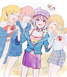  !? 4girls bad_id bad_twitter_id bare_shoulders blonde_hair blue_hair breasts camisole cleavage closed_eyes collar collarbone dot_nose earrings english_text fujimoto_rina furrowed_brow hair_between_eyes hamachamu hand_on_another&#039;s_arm hat heart heart_hands heart_hands_duo highres idolmaster idolmaster_cinderella_girls idolmaster_cinderella_girls_starlight_stage jewelry jougasaki_mika long_sleeves multicolored_hair multiple_girls necklace oerba_yun_fang official_alternate_costume ohtsuki_yui open_mouth pink_eyes pink_hair plaid plaid_skirt pointing pointing_at_another print_camisole purple_skirt raised_eyebrows ring skirt smile sparkle standing star_(symbol) star_earrings sweat teeth thighs thought_bubble trembling two-tone_hair upper_teeth_only yumemi_riamu 