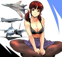  aircraft airplane bad_id bad_twitter_id bare_shoulders black_bra black_pantyhose bra breasts brown_eyes brown_hair cleavage collarbone commentary_request f-14_tomcat f-4_phantom_ii female hair_ornament high-waist_pantyhose kamisimo_90 long_hair looking_at_viewer medium_breasts navel original pantyhose pleated_skirt simple_background sitting skirt smile soles solo twintails twintails_nurse_(kamisimo_90) underwear 