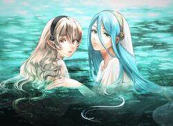  2girls azura_(fire_emblem) bathing bavaa black_headband blue_hair closed_mouth commentary corrin_(female)_(fire_emblem) corrin_(fire_emblem) fire_emblem fire_emblem_fates grey_hair hair_between_eyes hair_tubes headband long_hair looking_at_viewer multiple_girls panties parted_bangs partially_submerged pointy_ears red_eyes same-sex_bathing shared_bathing shirt underwear veil very_long_hair water wet wet_clothes wet_hair wet_shirt white_shirt white_veil yellow_eyes 