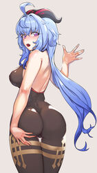  :o ahoge ass bare_back black_legwear blue_hair blush bodystocking breasts commentary_request female from_behind ganyu_(genshin_impact) genshin_impact gold_trim hair_between_eyes highres horns jamgom long_hair looking_at_viewer looking_back medium_breasts no_gloves purple_eyes sidelocks simple_background sleeveless solo thigh_strap twisted_torso 