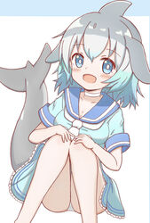  :d animal_ears blowhole blue_background blue_dress blue_eyes blue_hair blue_sailor_collar blush breasts cetacean_tail choker collarbone commentary_request common_bottlenose_dolphin_(kemono_friends) dress feet_out_of_frame female fish_tail grey_hair hands_on_own_knees highres kemono_friends knees_together_feet_apart knees_up long_hair looking_at_viewer medium_breasts multicolored_hair neckerchief open_mouth panties sailor_collar sailor_dress short_sleeves sitting smile solo sunanuko_(ramuneko) tail two-tone_background two-tone_hair underwear white_background white_choker white_neckerchief white_panties 