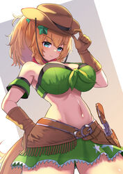  adjusting_clothes adjusting_headwear aqua_eyes arm_strap armpits bandana bare_shoulders blush breasts brown_gloves brown_hair cleavage commentary_request cowboy_hat cowboy_shot female gloves gradient_background green_skirt groin gun hair_ornament hand_on_own_hip hat highres holster holstered horse_girl horse_tail large_breasts linea_alba looking_at_viewer medium_hair midriff navel ponytail red_bandana revolver skirt smile taiki_shuttle_(umamusume) tail two-tone_background umamusume weapon white_background yuutopia 