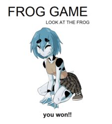  amazon_milk_frog amphibian anthro aria_whittemore blue_hair bottomwear clothing colored crouching english_text female footwear frog game_(disambiguation) hair hands_between_legs happy membrane_(anatomy) meme novacantnames pale_skin plaid shoes short_hair skirt slim smile solo spots spread_legs spreading text tree_frog webbed_hands white_body winner 