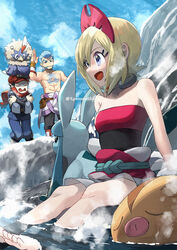  2boys :d arm_support barefoot blonde_hair bracelet cloud cold collar collarbone commentary_request day eyelashes female gaeric_(pokemon) glaceon grey_eyes hairband irida_(pokemon) jewelry knees medium_hair multiple_boys on_head onsen open_mouth outdoors pokemon pokemon_(creature) pokemon_legends:_arceus pokemon_on_head red_hairband rei_(pokemon) rufflet sash shirt shorts sitting sky smile soaking_feet steam strapless strapless_shirt swinub toes tongue watermark yamanashi_taiki 