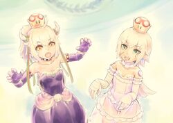  2girls :d bandages bare_shoulders blonde_hair bowsette bowsette_(cosplay) chest_jewel claw_pose collar commentary cosplay dress earrings elbow_gloves english_commentary fangs fate/apocrypha fate/grand_order fate_(series) flat_chest frilled_collar frilled_dress frilled_gloves frills ghost_pose gloves green_eyes horns jack_the_ripper_(fate/apocrypha) jeanne_d&#039;arc_alter_santa_lily_(fate) jewelry kensaint long_hair looking_at_viewer luigi&#039;s_mansion mario_(series) multiple_girls new_super_mario_bros._u_deluxe open_mouth pointy_ears ponytail princess_king_boo princess_king_boo_(cosplay) purple_dress purple_gloves shoulder_tattoo smile sphere_earrings standing studded_bracelet studded_collar super_crown tattoo white_dress 