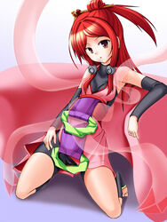  amane_nishiki amane_nishiki_(cosplay) bare_shoulders blazblue blazblue:_chronophantasma commentary_request cosplay detached_sleeves female hair_ornament hair_tubes half_updo highres izayoi_(blazblue) japanese_clothes kimono long_hair pink_kimono red_eyes red_hair ribbon sash shawl slavedoll solo tsubaki_yayoi 