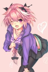  1boy ;d astolfo_(fate) astolfo_(memories_at_trifas)_(fate) bad_id bad_pixiv_id blush braid cardigan collarbone commentary_request crop_top eyebrows fate/apocrypha fate_(series) hair_ribbon heart jewelry leaning_forward long_hair looking_at_viewer male_focus maza_kisuke multicolored_hair necklace oerba_yun_fang official_alternate_costume one_eye_closed open_mouth otoko_no_ko pantyhose pink_background pink_hair pleated_skirt purple_eyes ribbon shirt shirt_tug skirt smile solo striped_clothes striped_shirt white_hair 