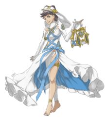  artist_name azura_(fire_emblem) azura_(fire_emblem)_(cosplay) bad_link bag bare_legs barefoot blue_eyes blue_nails brown_hair cosplay diantha_(pokemon) digidex dress elbow_gloves female fingerless_gloves fire_emblem fire_emblem_fates full_body gloves handbag head_scarf highres holding holding_poke_ball jewelry nail_polish necklace poke_ball pokemon pokemon_xy short_hair smile solo standing toenail_polish toenails veil white_background white_dress 