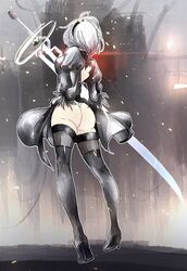  2b_(nier:automata) ass back_cutout bad_id bad_twitter_id black_dress black_footwear black_hairband boots breasts check_commentary cleavage_cutout clothing_cutout commentary commentary_request dress feather-trimmed_sleeves female from_behind full_body hairband high_heel_boots high_heels highleg highleg_leotard highres juliet_sleeves korean_commentary leotard long_sleeves medium_breasts nier:automata nier_(series) puffy_sleeves short_hair solo sword thigh_boots thighhighs thighhighs_under_boots thong_leotard vambraces virtuous_treaty weapon white_hair white_leotard yazawa3921 