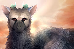  absurd_res avian chimera digital_media_(artwork) feathered_wings feathers felid feline grey_body grey_feathers gryphon hi_res horn hybrid japan_studio_(game_developer) looking_at_viewer mammal mollish mythological_avian mythological_creature mythology pink_eyes solo sony_corporation sony_interactive_entertainment the_last_guardian trico_(species) trico_(the_last_guardian) wings 