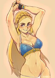  1girls arms_above_head arms_up blonde_hair blue_eyes bra breath_of_the_wild female female_only human hylian kollerss long_hair maiz-ken panties pointy_ears princess_zelda simple_background smile smiling smiling_at_viewer the_legend_of_zelda white_panties zelda_(breath_of_the_wild) 