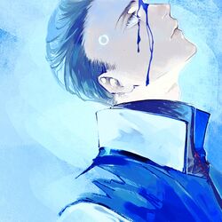  1boy android bleeding blood blood_on_face blue_theme character_request connor_(detroit) detroit:_become_human eyelashes facial_mark from_side glowing hari1000bom lips looking_up male_focus portrait profile short_hair solo 