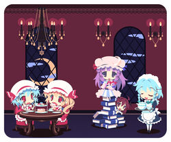  5girls :d ahoge apron bat_wings blonde_hair blue_bow blue_dress blue_hair blunt_bangs book book_stack border bow braid cake candle carpet chair chandelier chibi closed_eyes cloud comiket_93 commentary_request crescent crescent_hat_ornament crescent_moon cup dress eating embodiment_of_scarlet_devil flandre_scarlet food frilled_dress frills full_body hair_ribbon hat hat_bow hat_ornament head_wings hime_cut holding holding_book holding_cup holding_tray indoors izayoi_sakuya koakuma long_hair looking_at_viewer lumine_(2339) macaron maid maid_headdress mob_cap moon multiple_girls night night_sky no_nose oerba_yun_fang patchouli_knowledge peeking_out plate purple_eyes purple_hair red_bow red_eyes red_hair red_skirt red_vest remilia_scarlet ribbon shirt short_hair side_ponytail sidelocks sitting sitting_on_books skin_fang skirt skirt_set sky smile standing striped_clothes striped_dress table teacup teapot touhou tray tress_ribbon twin_braids vertical-striped_clothes vertical-striped_dress very_long_hair vest waist_apron white_border white_shirt window wings 