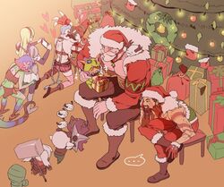  2boys 3girls 5others amumu arm_tattoo bad_santa_veigar beard black_pants blonde_hair blue_hair braid braum_(league_of_legends) brown_footwear brown_hair chameleon_girl chameleon_tail chest_tattoo christmas_tree closed_eyes colored_skin dino_gnar draven facial_hair facial_tattoo flower gift gloves gnar_(league_of_legends) grey_hair hair_flower hair_ornament hammer hat heart holding holding_phone hug indoors jinx_(league_of_legends) kennen league_of_legends long_hair lux_(league_of_legends) moustache multiple_boys multiple_girls multiple_others muscular muscular_male neeko_(league_of_legends) official_alternate_costume on_chair pants pectoral_cleavage pectorals phone poppy_(league_of_legends) poro_(league_of_legends) red_gloves santa_braum santa_draven santa_hat short_hair shuriken sitting smile standing sweatdrop tail tattoo tristana twin_braids veigar weapon yordle zaket07 