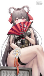  absurdres bare_shoulders braid braided_hair_rings brown_hair china_dress chinese_clothes dress earrings female flower gloves goddess_of_victory:_nikke grey_hair hair_ribbon hair_rings hand_fan highres holding holding_fan indoors jewelry legs long_hair no_panties red_eyes ribbon ryon_y0421 sitting solo thigh_strap thighs twin_braids very_long_hair white_flower yan_(nikke) 