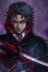  1boy black_hair cape closed_mouth fate/grand_order fate_(series) furrowed_brow glint gloves hijikata_toshizou_(fate) holding holding_sword holding_weapon hungry_clicker katana looking_at_viewer male_focus manly purple_background red_eyes red_gloves sanpaku solo sword upper_body weapon 