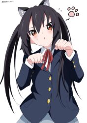  :o absurdres animal_ears artist_name bad_id bad_pixiv_id black_hair blazer blue_jacket blue_skirt blush brown_eyes buttoned_cuffs buttons cat_ears commentary female hair_between_eyes highres jacket k-on! long_hair long_sleeves looking_at_viewer nakano_azusa open_mouth paw_pose paw_print red_ribbon ribbon sakuragaoka_high_school_uniform school_uniform shirt simple_background skirt solo sweatdrop twintails twitter_username watermark white_background white_gorilla_(okamoto) white_shirt winter_uniform 