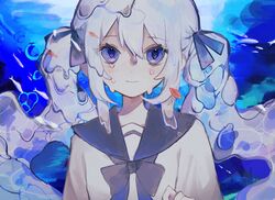  bad_id bad_twitter_id blue_bow blue_bowtie blue_eyes blue_hair blue_ribbon blue_sailor_collar bottle_miku bow bowtie commentary female fish floating_hair goldfish hair_ribbon hatsune_miku highres liquid_hair long_hair looking_at_viewer ribbon sailor_collar shirt short_sleeves slept_sui solo twintails underwater upper_body very_long_hair vocaloid white_shirt 