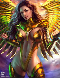  absurdres armor artist_logo artist_name black_hair breasts brown_eyes cowboy_shot dc_comics dc_extended_universe female forehead gold_armor highres large_breasts leotard lips logan_cure long_hair looking_at_viewer mechanical_wings navel open_mouth patreon_username solo superhero_costume thighhighs wings wonder_woman wonder_woman_(series) 