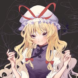  80isiiii blonde_hair blush bow breasts closed_mouth commentary female fingernails grey_background hair_between_eyes hair_ribbon hairbow hands_up hat hat_ribbon highres large_breasts long_hair looking_at_viewer mob_cap red_bow red_ribbon ribbon simple_background smile solo symbol-only_commentary tabard touhou tress_ribbon upper_body wavy_hair white_hat yakumo_yukari yellow_eyes 