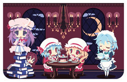  5girls :d ahoge apron bat_wings blonde_hair blue_bow blue_dress blue_hair blunt_bangs book book_stack border bow braid cake candle carpet chair chandelier chibi closed_eyes cloud comiket_93 commentary_request crescent crescent_hat_ornament crescent_moon cup dress eating embodiment_of_scarlet_devil flandre_scarlet food frilled_dress frills full_body hair_ribbon hat hat_bow hat_ornament head_wings hime_cut holding holding_book holding_cup holding_tray indoors izayoi_sakuya koakuma long_hair looking_at_viewer lumine_(2339) macaron maid maid_headdress mob_cap moon multiple_girls night night_sky no_nose oerba_yun_fang patchouli_knowledge peeking_out plate purple_eyes purple_hair red_bow red_eyes red_hair red_skirt red_vest remilia_scarlet ribbon shirt short_hair side_ponytail sidelocks sitting sitting_on_books skin_fang skirt skirt_set sky smile standing striped_clothes striped_dress table teacup teapot touhou tray tress_ribbon twin_braids vertical-striped_clothes vertical-striped_dress very_long_hair vest waist_apron white_border white_shirt window wings 