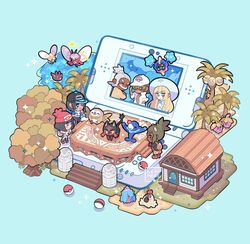  2girls 4boys alolan_exeggutor backpack bag baseball_cap beanie black_shirt blonde_hair blush bounsweet braid building commentary cutiefly dark-skinned_male dark_skin elio_(pokemon) english_commentary facial_hair grass grey_hair hala_(pokemon) handheld_game_console hat hau_(pokemon) isometric kukui_(pokemon) leaphere lillie_(pokemon) litten looking_back mareanie moustache multiple_boys multiple_girls nintendo_3ds orange_bag orange_footwear own_hands_together palm_tree pigeon-toed poke_ball poke_ball_(basic) pokemon pokemon_(creature) pokemon_sm popplio pyukumuku red_headwear ribombee rowlet sandygast selene_(pokemon) shirt shoes short_sleeves smile sparkle stage stairs standing star_(symbol) starter_pokemon_trio sun_hat sunglasses tree twin_braids water white_headwear 