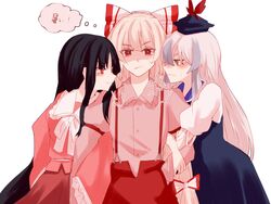  3girls belt black_hair blouse blue_dress blue_hair blue_headwear blush bow bowtie breasts brown_eyes buttons closed_mouth collared_dress collared_shirt commentary_request confrontation dress eyelashes eyes_visible_through_hair frills fujiwara_no_mokou girl_sandwich hair_between_eyes hairbow hand_in_pocket hand_up hat hat_ornament highres houraisan_kaguya hug jealous juliet_sleeves kamishirasawa_keine long_sleeves looking_at_another looking_at_viewer love_triangle medium_breasts multicolored_bow multicolored_hair multiple_girls pants pink_eyes pink_shirt possessive puffy_short_sleeves puffy_sleeves red_bow red_eyes red_pants red_skirt sandwiched shaded_face shirt short_sleeves sidelocks simple_background skirt smile somei_ooo standing thought_bubble touhou translated white_background white_belt white_bow white_bowtie white_hair white_shirt wide_sleeves yuri 