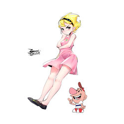  1boy animification billy_(grim_adventures) blonde_hair breasts dress ejami female graphite_(medium) hairband looking_at_viewer mandy_(grim_adventures) short_hair simple_background small_breasts the_grim_adventures_of_billy_&amp;_mandy traditional_media white_background 