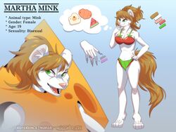  4:3 anthro bikini breasts brown_hair cheese cheese_costume clothing costume dairy_products english_text female food food_costume fur green_eyes hair hi_res mammal martha_minkowitz mink model_sheet mustelid musteline ring simple_background solo standing swimwear text theglitchberserker true_musteline white_body white_fur 