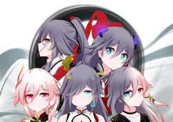  5girls absurdres black_choker black_hair black_shirt blue_eyes casual choker closed_mouth detective earrings fu_hua fu_hua_(azure_empyrea) fu_hua_(hawk_of_the_fog) fu_hua_(night_squire) fu_hua_(phoenix) fu_hua_(shadow_knight) fu_hua_(valkyrie_accipiter) hair_ornament hair_over_one_eye heterochromia highres honkai_(series) honkai_impact_3rd jewelry long_hair looking_at_viewer looking_to_the_side luolijizhengyi199 monocle multiple_girls multiple_persona ponytail red_eyes shirt single_earring smile white_hair 