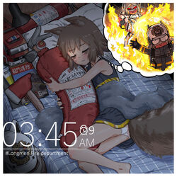  2girls alarm_clock alternate_costume animal_ears animal_ears_helmet arknights axe black_gloves brown_hair burning clock commentary_request dakimakura_(object) dreaming fire_axe fire_extinguisher fire_helmet fire_truck firefighter firefighter_jacket flamethrower gloves gobgokao highres horns hugging_object ifrit_(arknights) jacket lying motor_vehicle multiple_girls nightmare on_bed on_side open_mouth oxygen_tank panties pillow pillow_hug platinum_blonde_hair red_eyes shaw_(arknights) sleeping squirrel_ears squirrel_girl squirrel_tail tail truck underwear weapon 