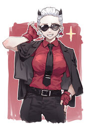  absurdres belt black_jacket black_necktie black_pants collared_shirt commentary_request demon_girl demon_horns earrings female fingerless_gloves gloves grin hair_slicked_back hand_up helltaker highres horns jacket jacket_on_shoulders jewelry justice_(helltaker) looking_at_viewer necktie pants partially_opaque_sunglasses red_gloves red_shirt reiga_(act000) shirt short_sleeves smile solo standing sunglasses white_hair wing_collar 