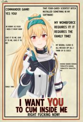  artist_name black_gloves blonde_hair blush closed_mouth commentary english_commentary english_text female gamryous girls&#039;_frontline gloves green_headband hair_intakes hairband headband highres i_want_you long_hair looking_at_viewer lyrics parody ponytail poster_(medium) poster_parody profanity red_eyes sidelocks smile solo sv-98_(girls&#039;_frontline) sv-98_(mod3)_(girls&#039;_frontline) system_of_a_down upper_body 