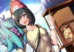  :d beanie black_hair blue_eyes day dutch_angle female floral_print hat highres mareanie meowth open_mouth outdoors pokemon pokemon_(creature) pokemon_sm red_headwear selene_(pokemon) shirt short_hair short_sleeves sky smile t-shirt wristband yellow_shirt yuuyuu_(yuuki1771) 