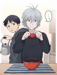  11kkr 2boys annoyed black_vest bottle brown_eyes brown_hair closed_mouth closet eyes_visible_through_hair fingernails food frown grey_hair hood hooded_jacket ikari_shinji instant_ramen jacket looking_at_another male_focus multiple_boys nagisa_kaworu neon_genesis_evangelion noodles open_mouth packet ramen red_eyes short_hair simple_background standing table teapot vest 