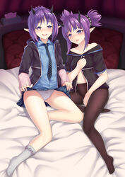  2girls amsxure arknights bed black_legwear clothes_lift hibiscus_(arknights) highres horns lava_(arknights) lifting_own_clothes multiple_girls panties pantyhose pointy_ears purple_eyes purple_hair short_hair siblings sisters skirt skirt_lift socks tissue_box twins underwear white_panties 