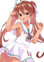  absurdres arm_up ass bare_arms bare_shoulders barefoot blush brown_eyes brown_hair commentary_request dress female hair_between_eyes highres kantai_collection libeccio_(kancolle) long_hair looking_at_viewer oerba_yun_fang open_mouth osmium-76 sailor_collar sailor_dress simple_background sleeveless sleeveless_dress smile solo twintails white_background white_dress white_sailor_collar 